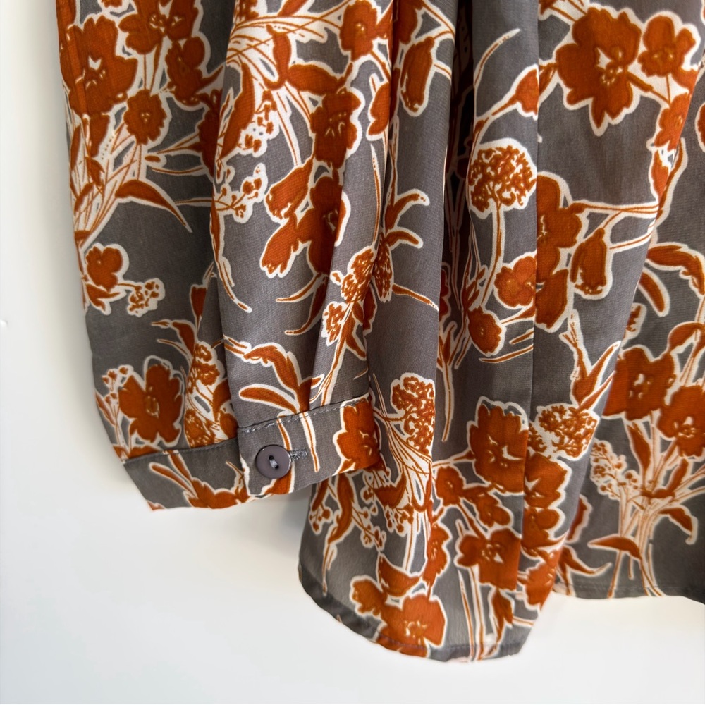 Bishop + Young Floral V-Neck Blouse Rust Gray Orange XL Long Sleeve Top - Picture 7 of 9